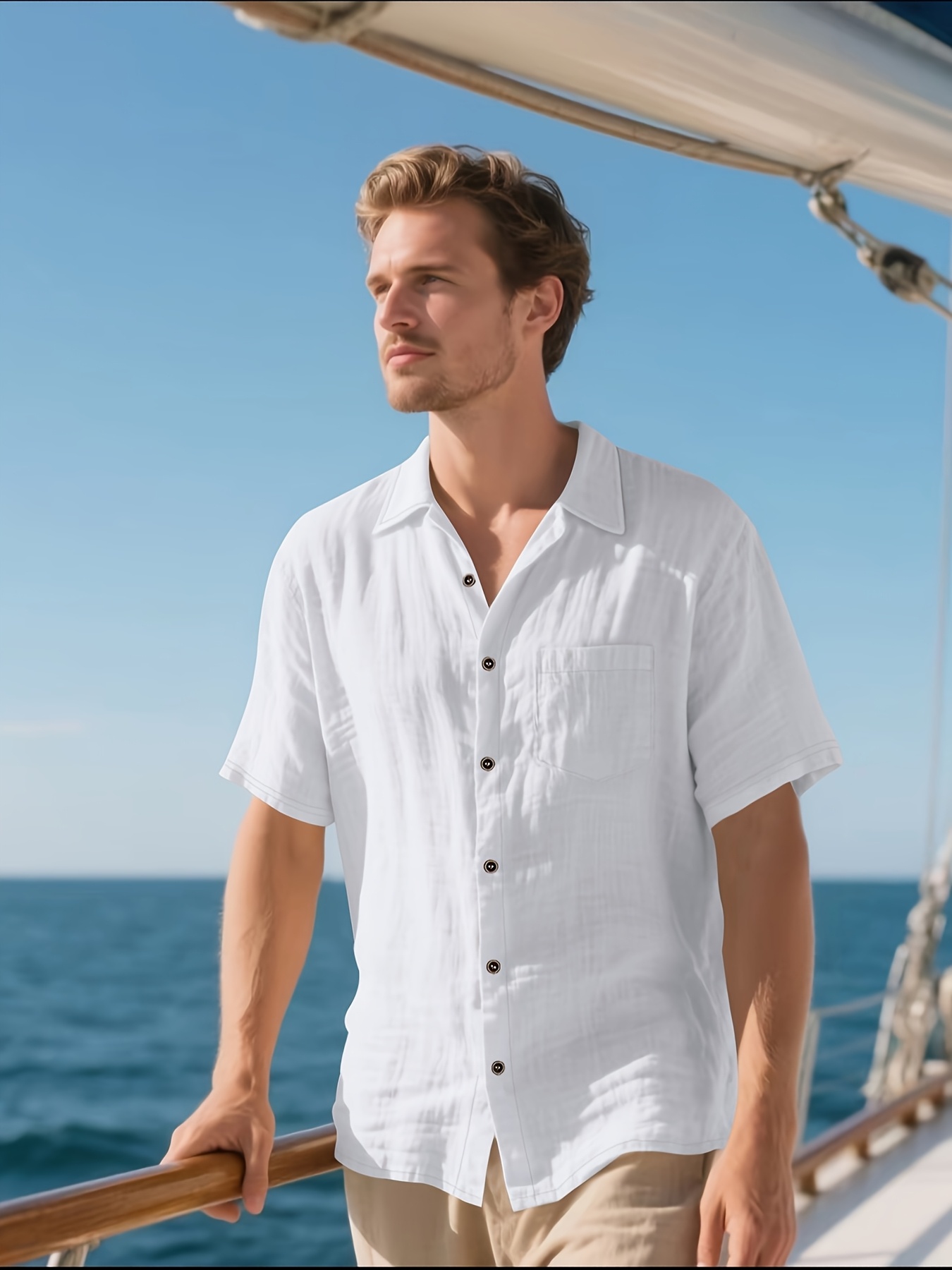 Chemise Décontractée à Manches Courtes En Coton Et Lin Texturé Avec Poche Pour Homme - Col Rond - Manches Courtes - Poche - Chemise Boutonnée En Lin Décontracté, Blanc, M