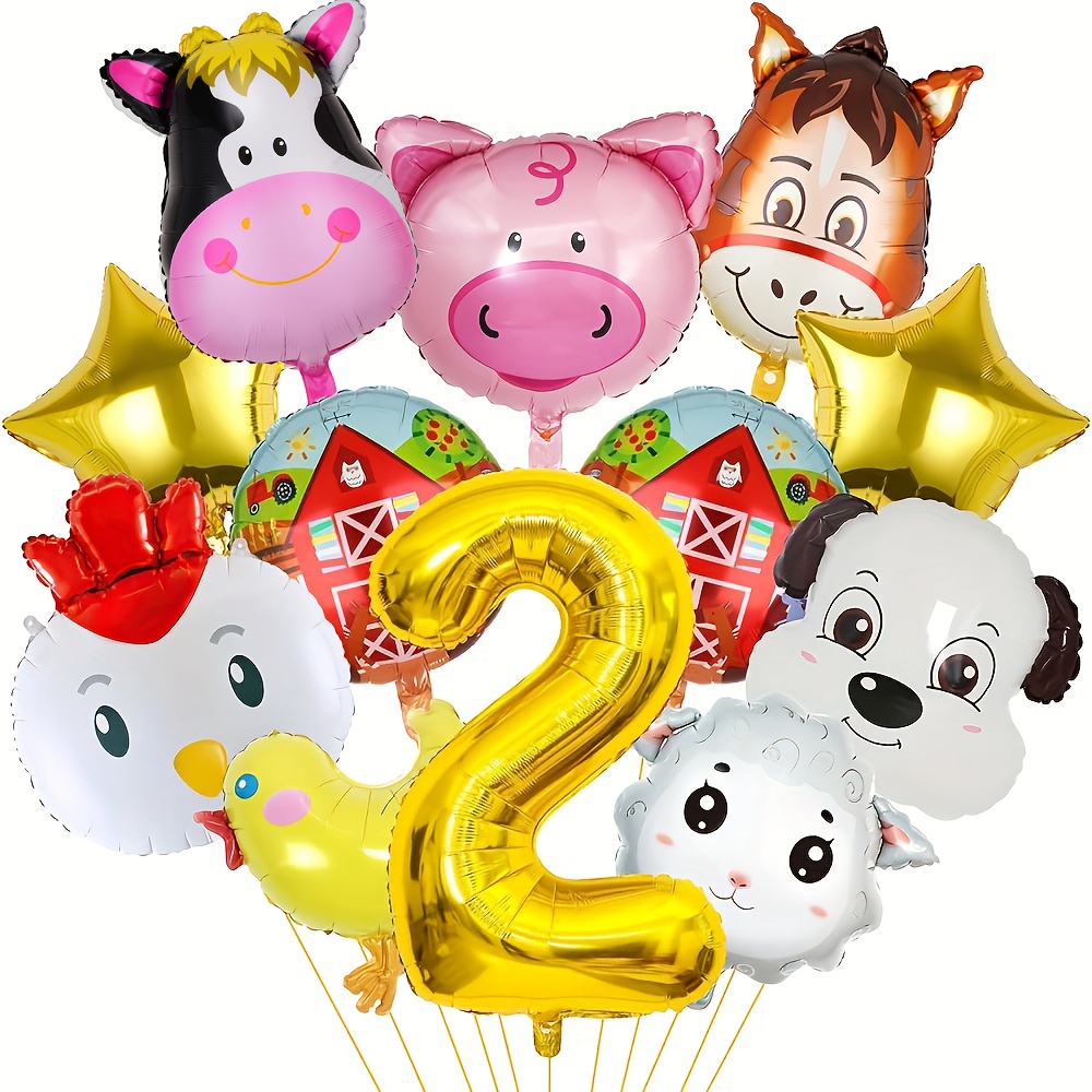 Image of 12pcs Farm Animal Balloons, Birthday Decorations, Farm Birthday Number Balloon Set Includes Cow Donkey Sheep Pig Chicken Balloons Farm-themed Party Supplies