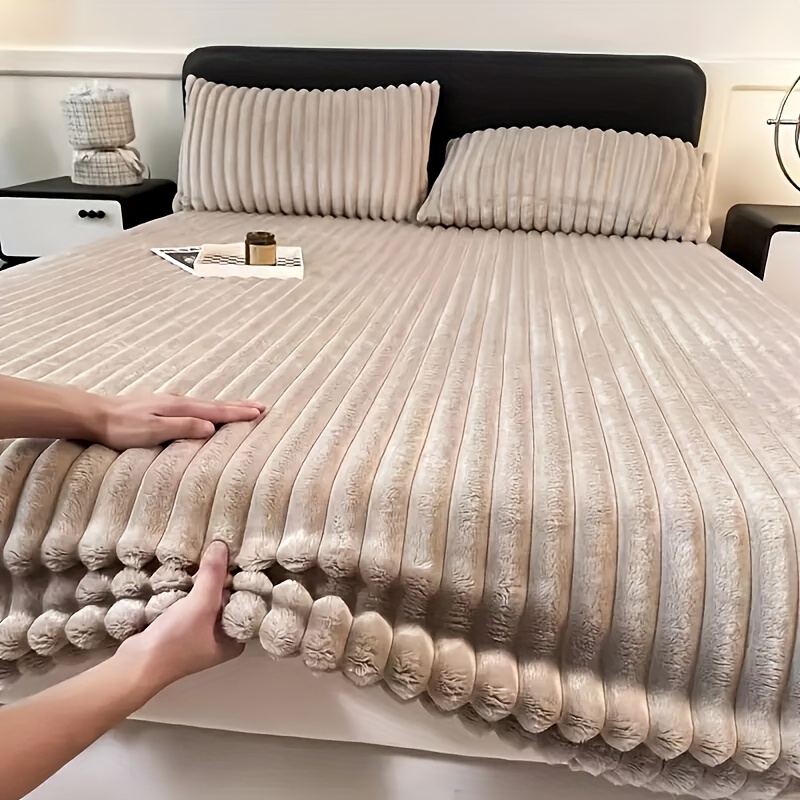 TEMU Autumn Winter Flannel Fitted Sheet, Thermal Brushed Fabric, Deep-pocket In Multiple Sizes & Colors, Non-pill Warm Breathable Bedding For Bedroom