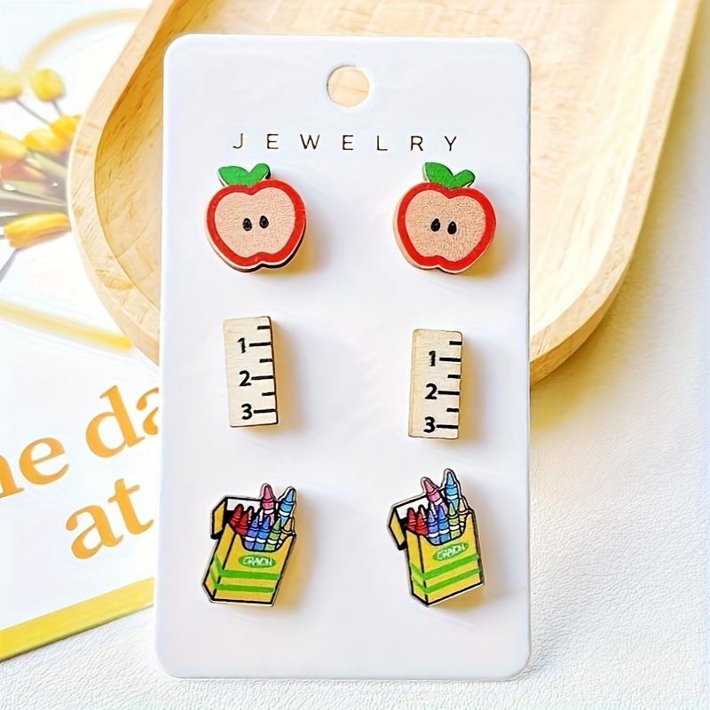TEMU A Set Of 3 Pairs Of Wooden Cartoon Earrings For Teacher's Day, Themed Around , Pencils, Rulers, Crayons, Scissors, As A Fun Back To Holiday Gift