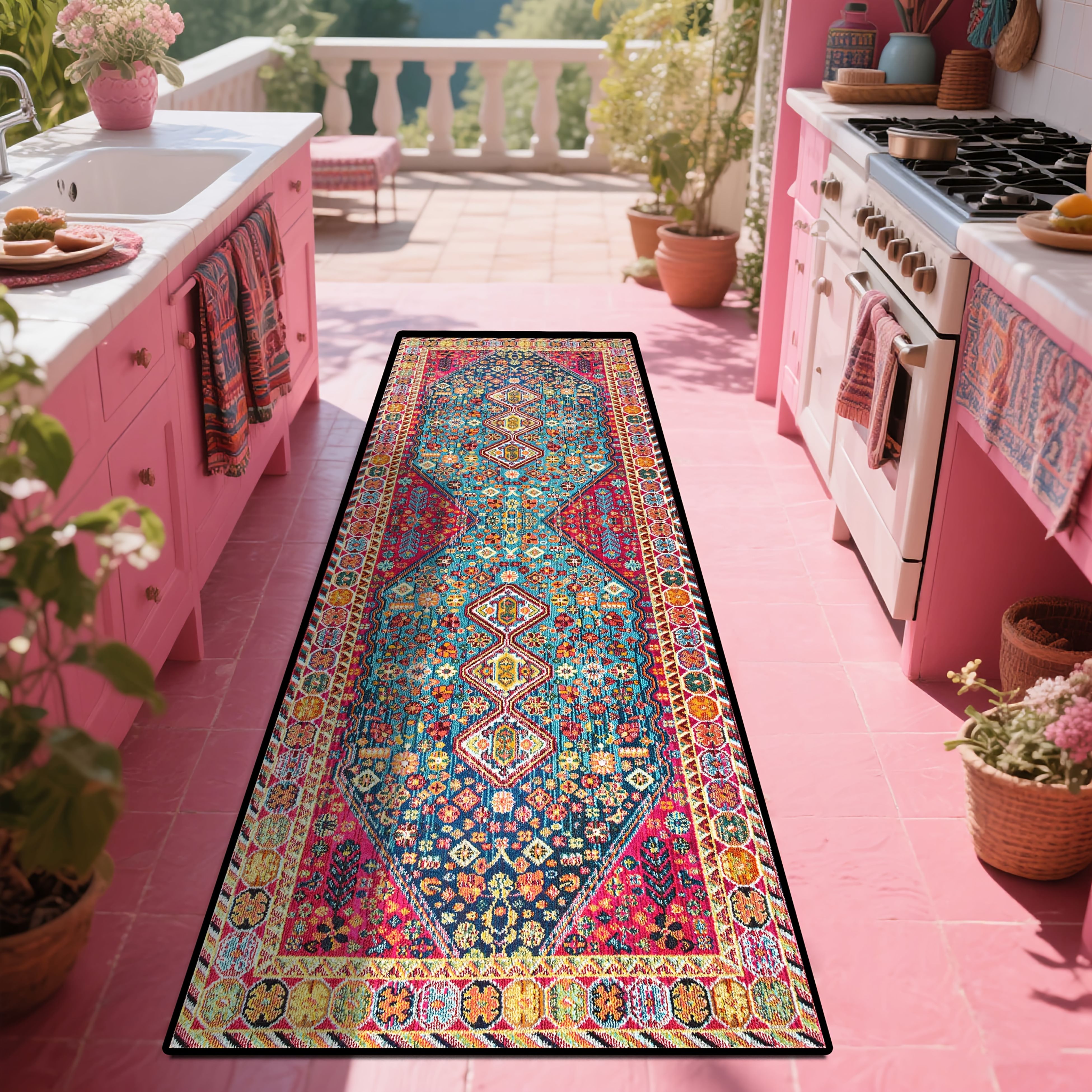 A Persian-style Exquisite And Intricate Patterned Runner Carpet, Made Of Plush Material, Suitable For Indoor And Outdoor Use, Machine Washable And Easy To Clean
