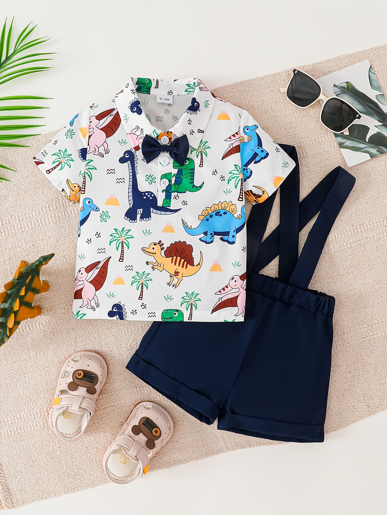 Summer Boys' Dinosaur Print Shirt and Suspender Shorts Set (Includes Bow Tie) - Dinosaur Print Shirt with Suspenders and Shorts, Bow Tie Decoration + All-Over Dinosaur Print, Gentleman's Playful Style Boys' 2pcs Set, Dinosaur Shirt + Suspender Shorts