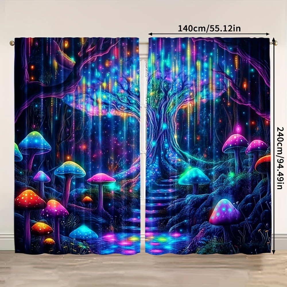 TEMU 2pcs Mushroom Curtains - Glowing Neon Mushroom Window Drapes, Semi-opaque Light Filtering Privacy Sheer Panels For Living Room, Bedroom, Kitchen
