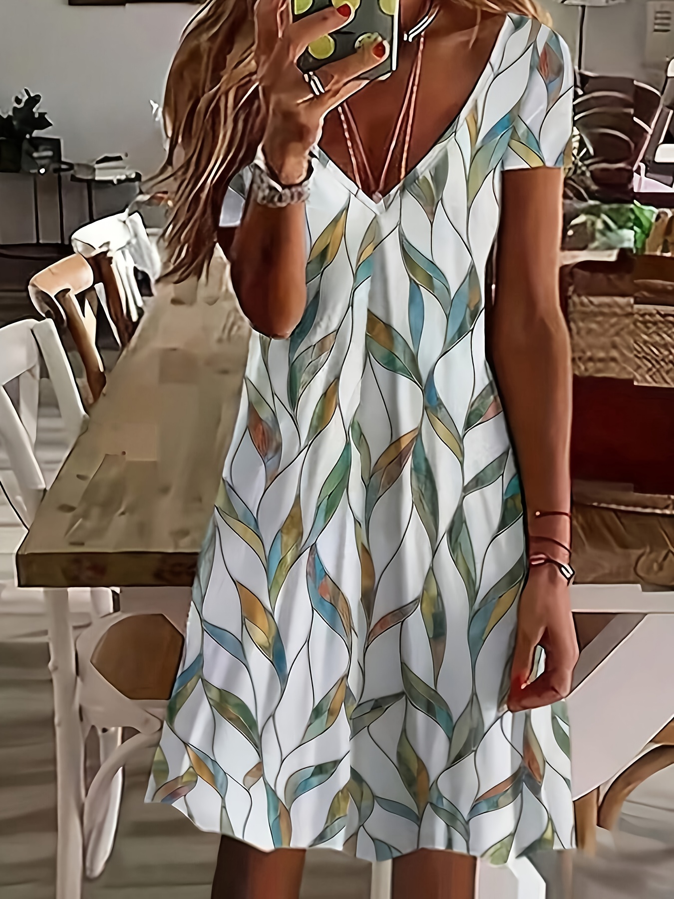 women's elegant leaf print v neck short sleeve dress Temu Canada