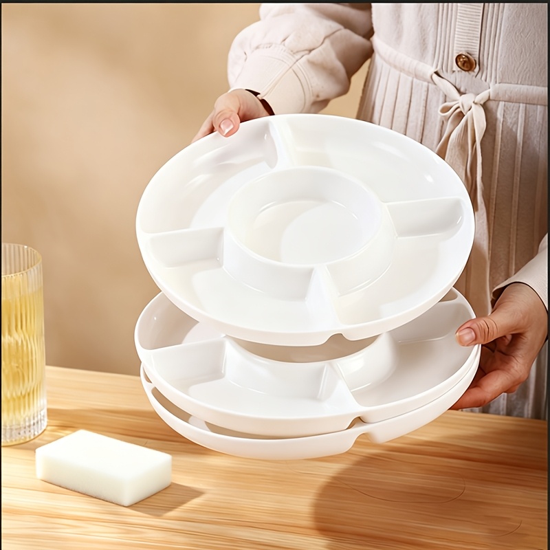 TEMU Ensemble de 3 plateaux ronds à 5 sections avec 1 brosse de nettoyage. Idéal ou l'extérieur, peut contenir des noix, des bonbons, des fruits, des