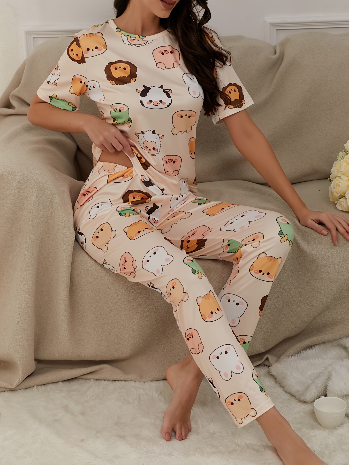 Cute Animal Pattern Pajamas Sets Short Sleeve Pajama Top - Temu Canada