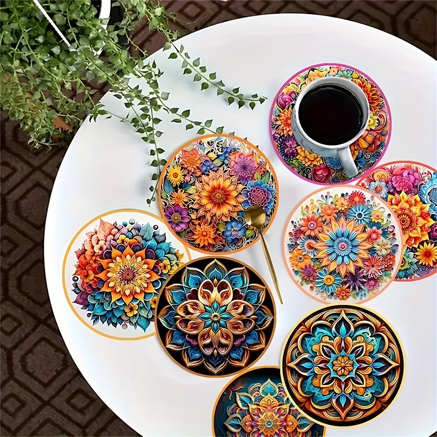 

cultural Fusion" 8-piece Mandala Flower Wooden Coasters Set - Artistic Dala Design For All Drink Types, Perfect For Home Decor & Gifts