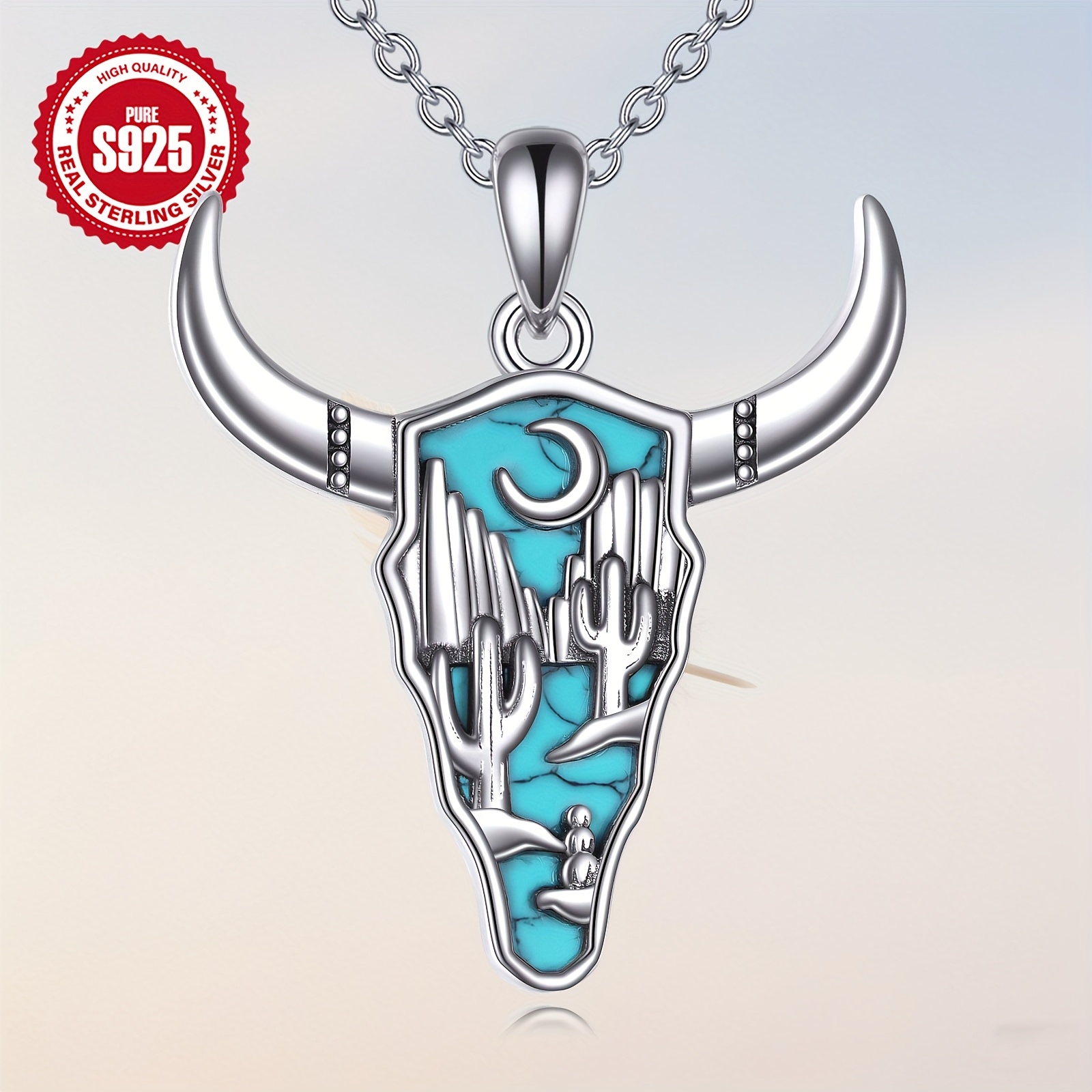 Image of Cow Skull Necklace For Women 925 Sterling Silvery Turquoise Pendant Cowgirl Western Country Jewellery Gifts