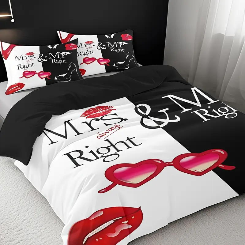 3pcs comfortable romantic couple themed duvet cover set soft high definition with black and white contrast perfect gift for machine washable 1 duvet cover 2 pillowcases no filling Product details 2