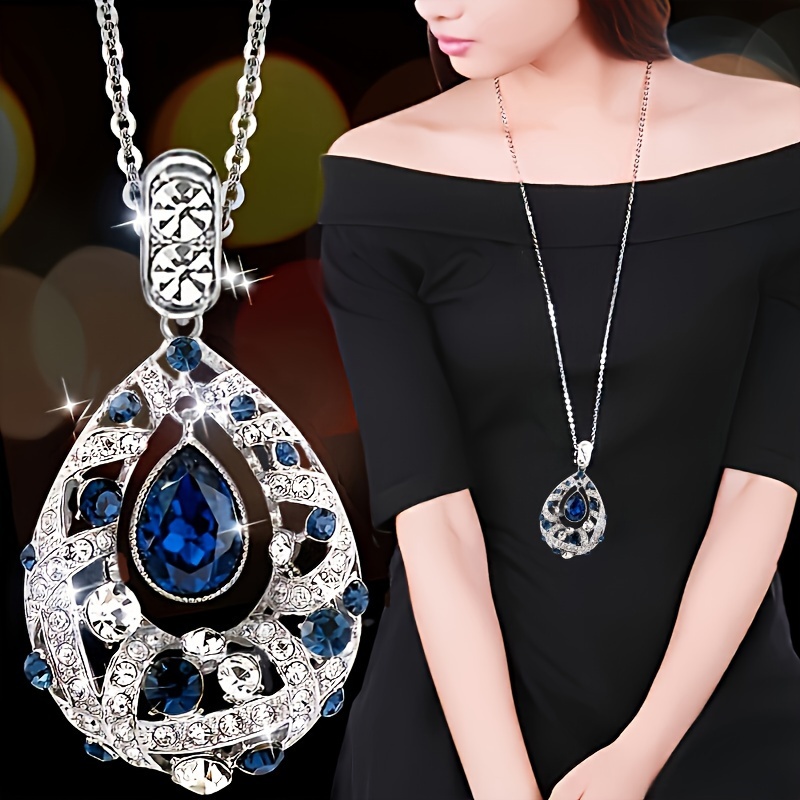 

Shiny Rhinestone Decor Necklace Elegant Water Drop Pendant Necklace Long Neck Jewelry Accessories For Women