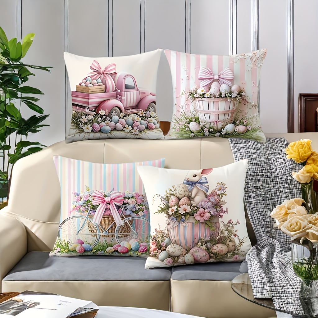 

4pcs Easter Pillow Cover Set - & Bunny Designs With Eggs & Flowers, Hypoallergenic 100% Polyester, Zippered, Machine Washable - Ideal For Living Room & Seasonal Decor, Decorative Pillows