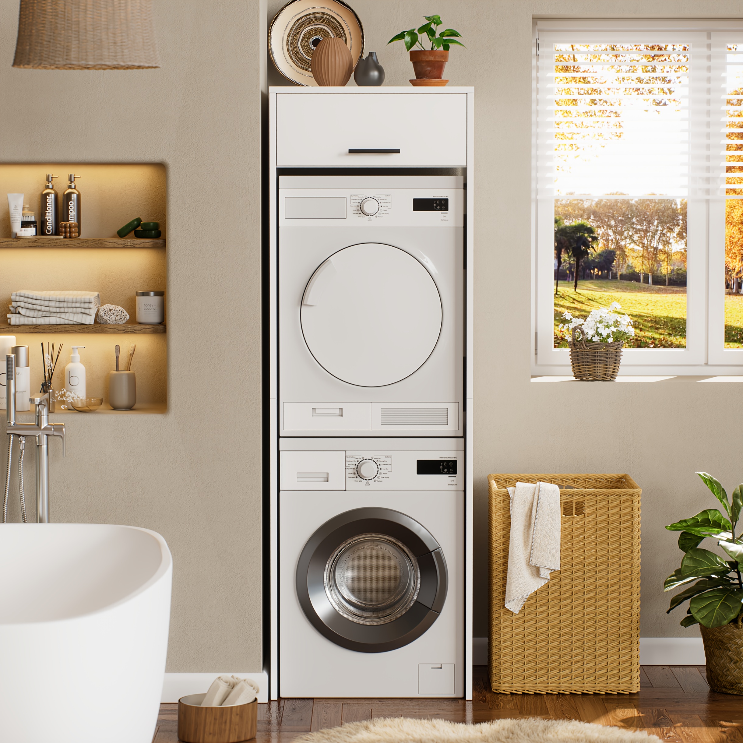 Image of Washing Machine Cabinet With Storage For Washing Machine And Dryer, Bathroom Column Cabinet, Cabinet For Washing Kitchen And Bathroom, 200x65x65cm, Storage Drawer Units
