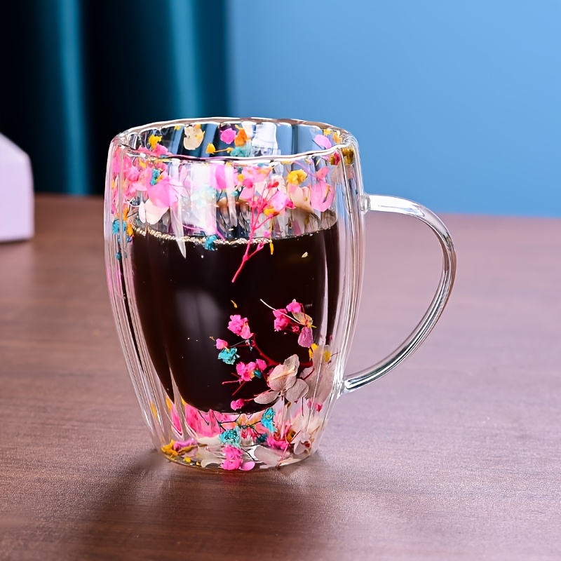 TEMU Forest-themed Dried Flower Glass Cups - Suitable For Coffee, Tea, Milk, Juice, Smoothies | Hand Wash Mugs With Aesthetic For Home,, Dining Table