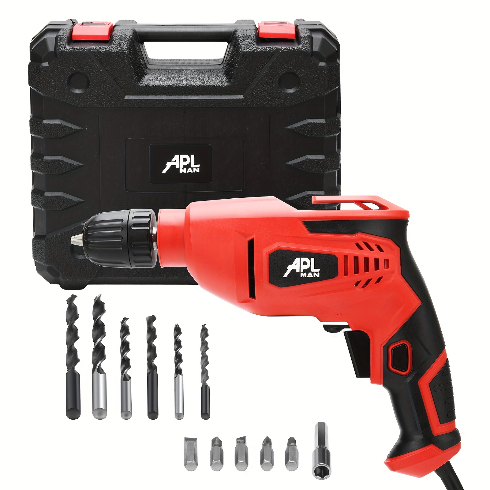 

Drill, Drill With 6 Pcs Drill Bit And 6 Pcs Screwdriver, 6 Foot , Reversable Wired, Carrying Case & Accessories