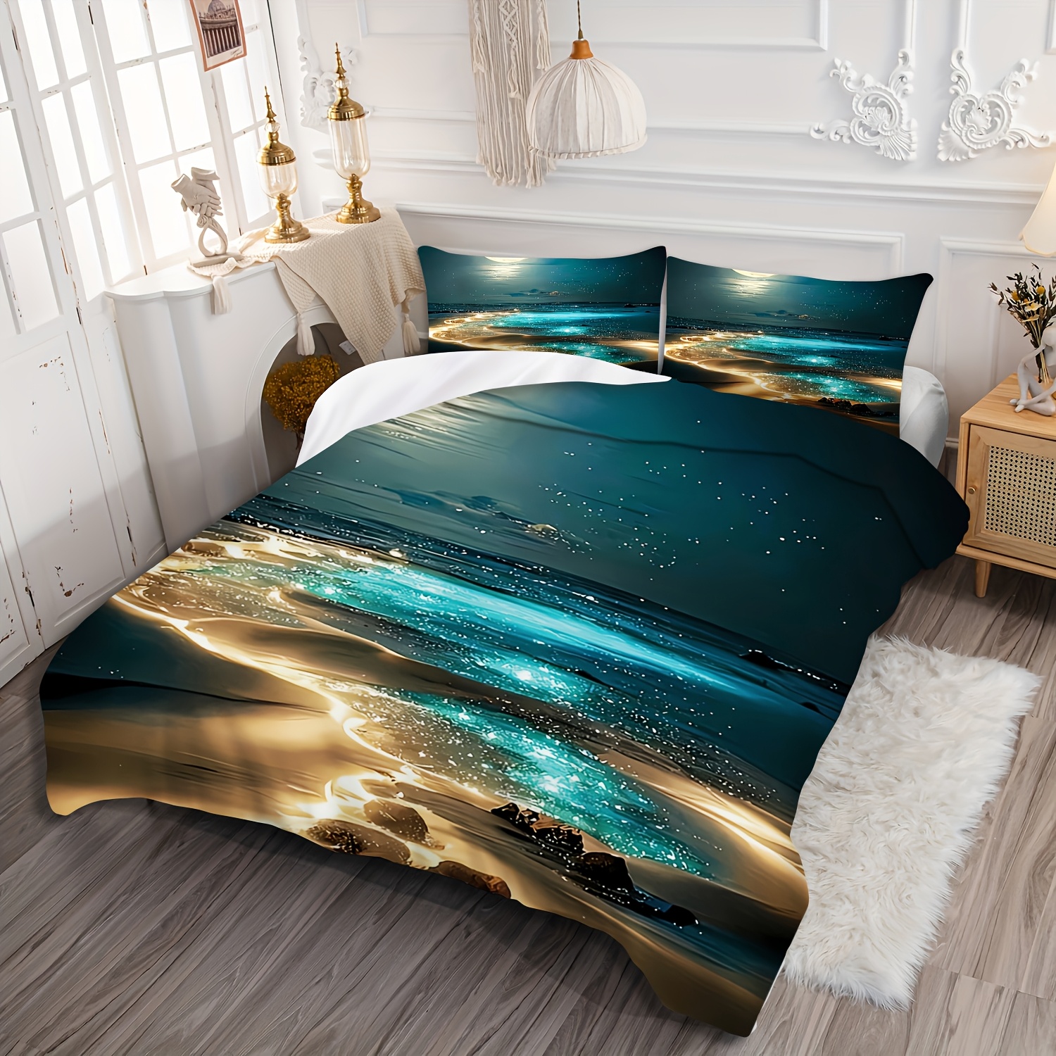 2/3pcs Beach Print Bedding Set, Soft, Comfortable, And Breathable, Includes 1/2 Matching Pillowcases (no Filling), 1 Duvet Cover + 1/2 Pillowcases, No Insert, Suitable For Bedroom Or