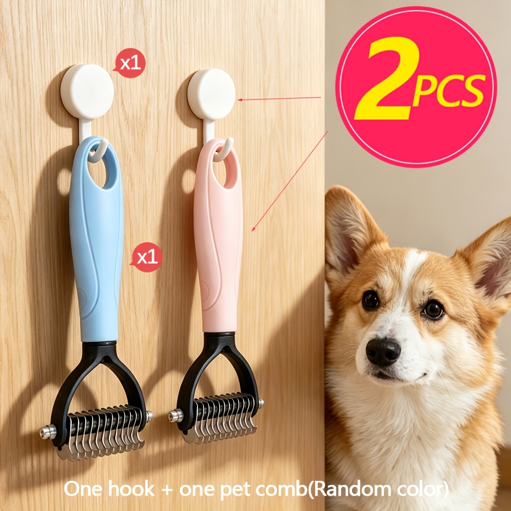 TEMU 2pcs Set (1pc Pet Comb And 1pc No-need-to-hang Hook) Random Colors Pet Double-sided Detangling Comb No-need-to-drill Adhesive Hook Set