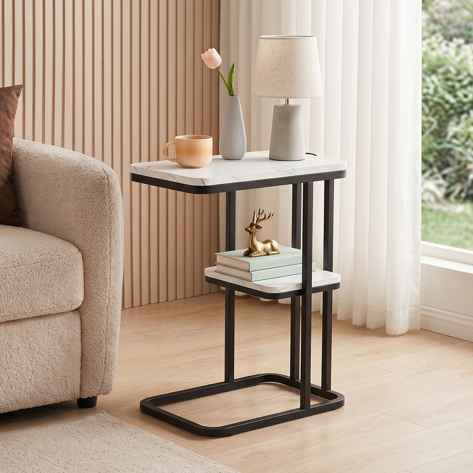 Modern Marble Side Table With Space- & Easy- - Compact Sofa Table/nightstand Suitable For Living Room, Bedroom, Small Spaces, Sturdy Frame & Wood Top