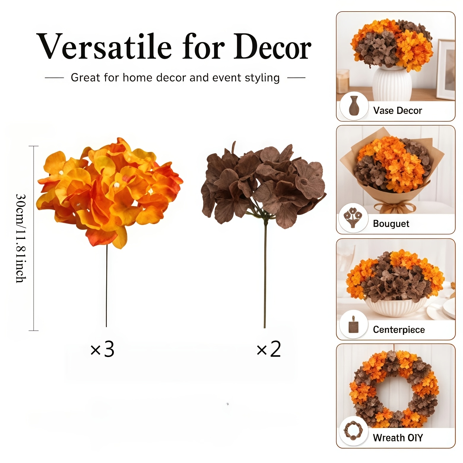 TEMU 5pcs Premium Autumn Orange And Brown Artificial Hydrangea Bouquet With Stems, Realistic Large Flower Head For Home Decor, Full And Flower Balls