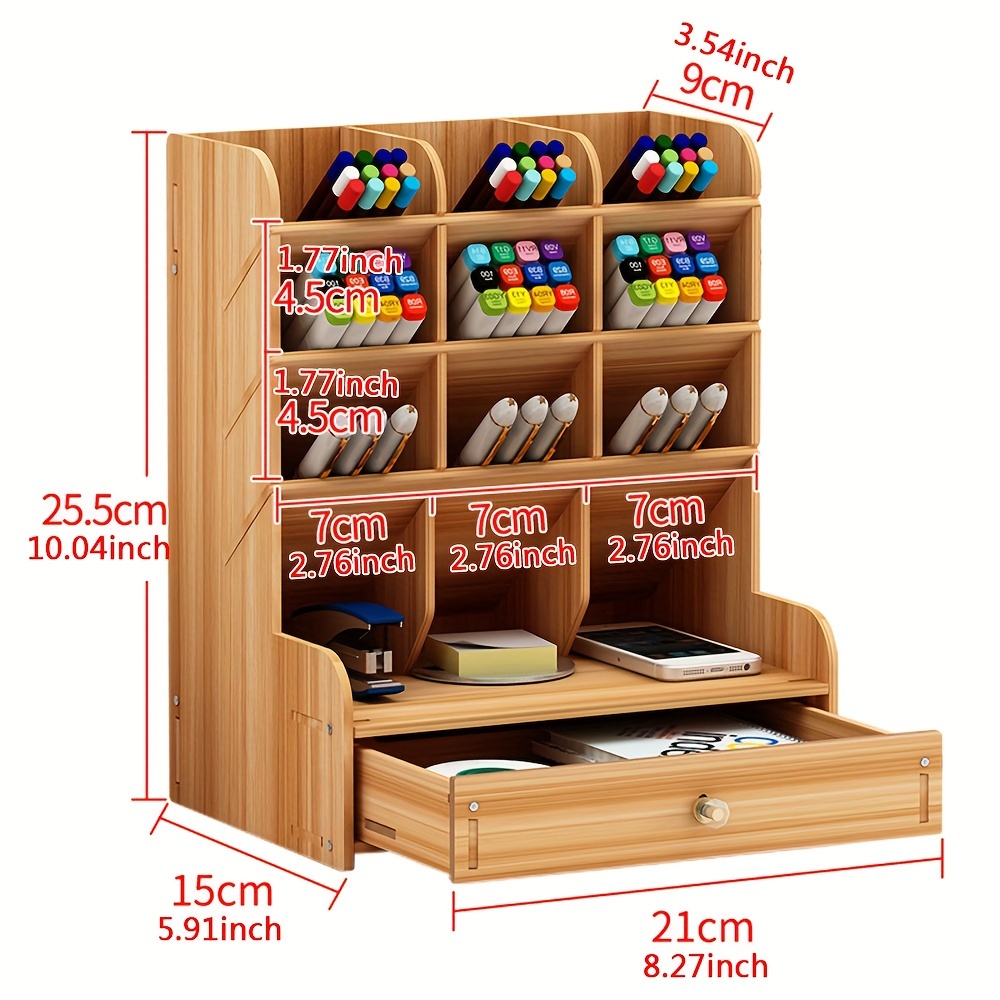 TEMU 1pc Wooden Pen Pencil Storage Holder Office Desk Organizer Box Tidy Shelf W/ Drawer