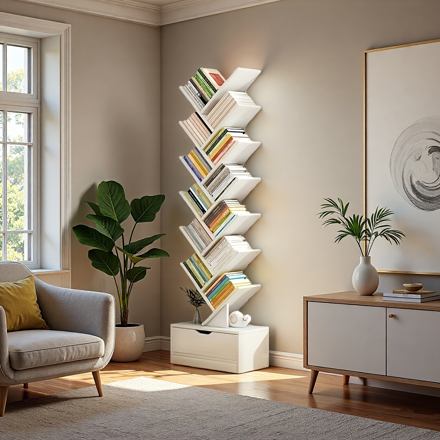 12th And 14th Floors "-shaped Bookshelf Creative Display Rack Living Room Floor-to-ceiling Decoration Rack Solid Wood Material Storage Cabinet For Book Collection, Cd, Movie, Home, Office