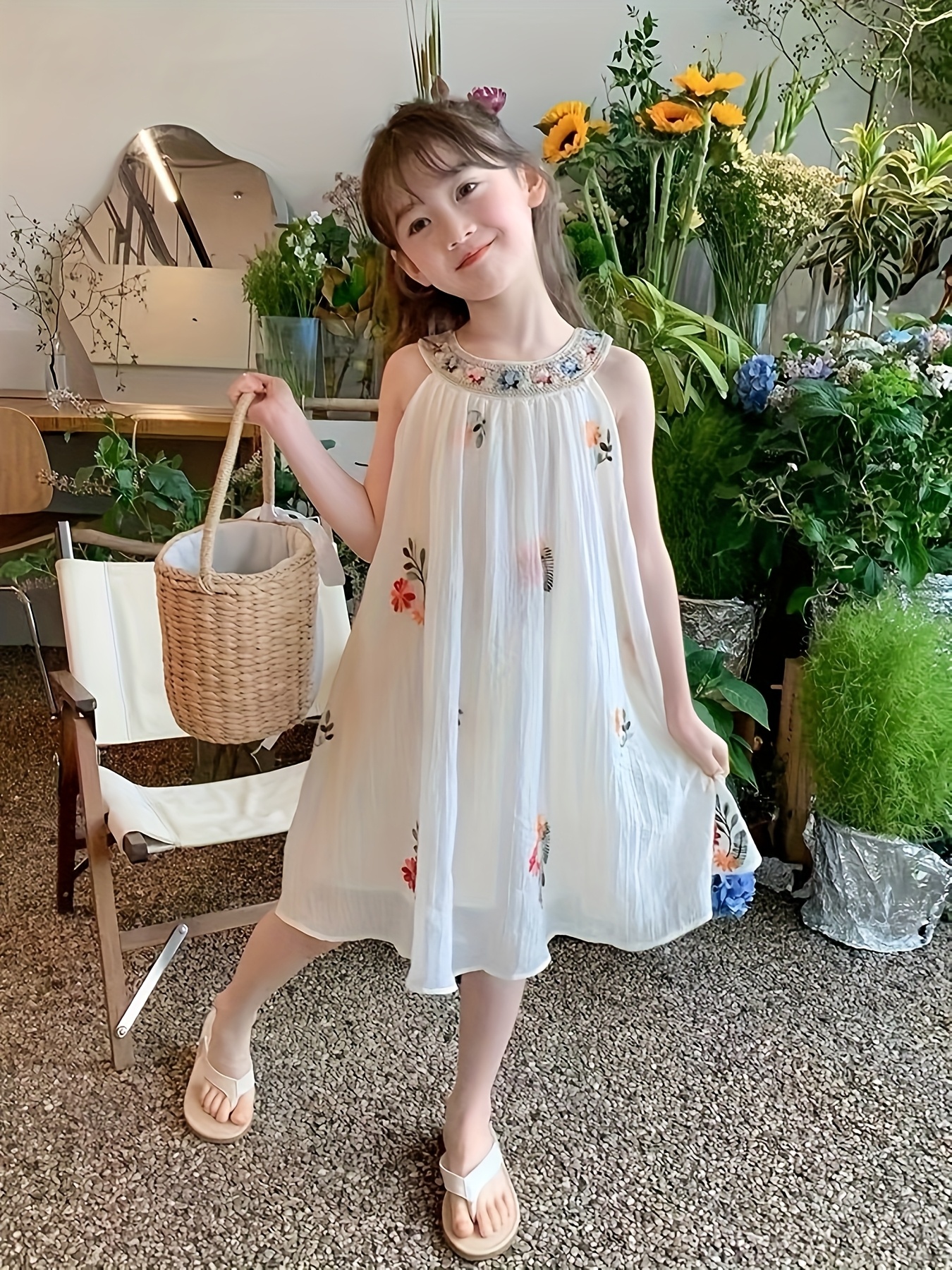 girls summer floral embroidered dress sleeveless halter neck