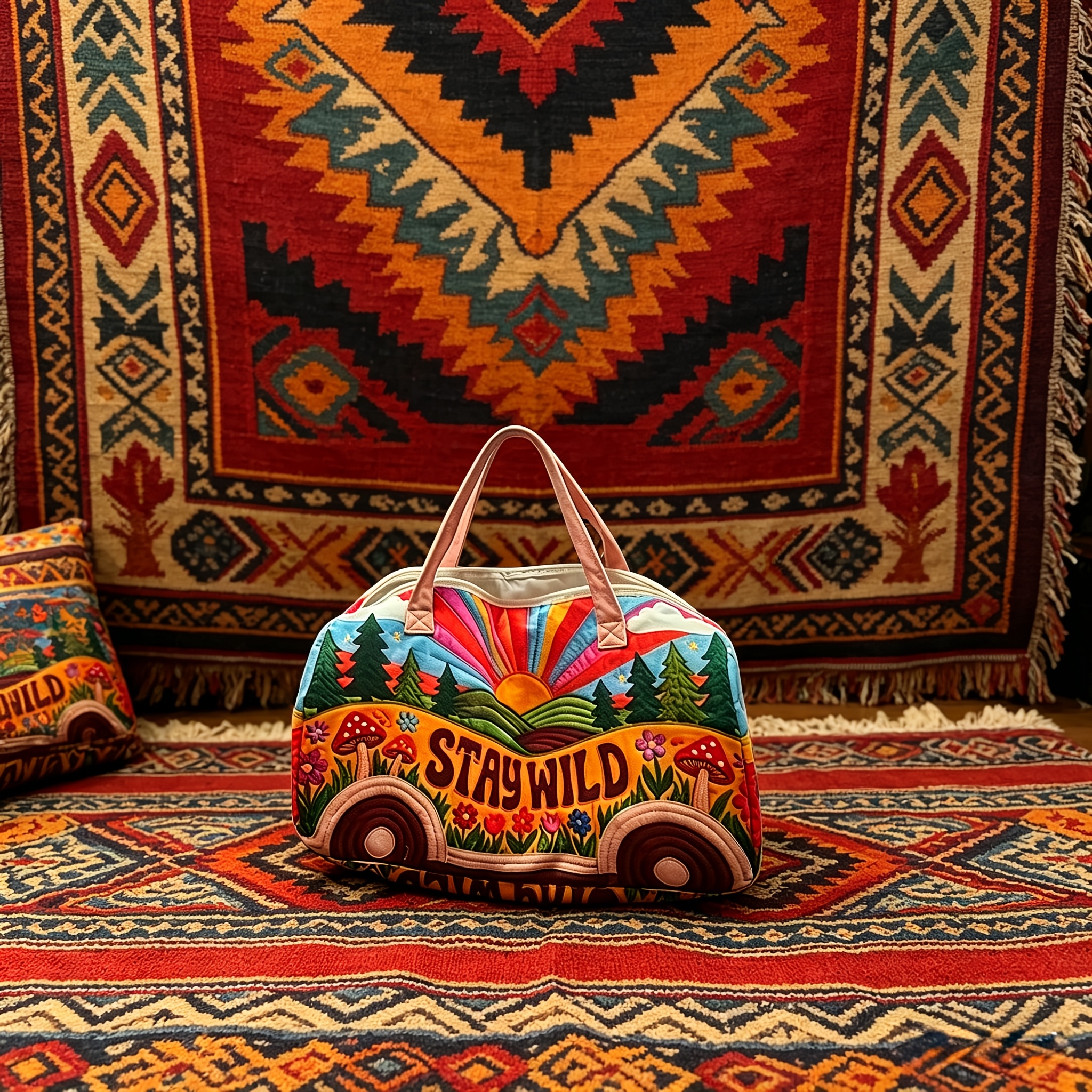 E-shop Böhmische Vintage-Bus-Druck-Reise-Tragetasche mit flächendeckender Naturkulisse dem Slogan „“, lebendig mit einem freigeistigen Flair. Eine