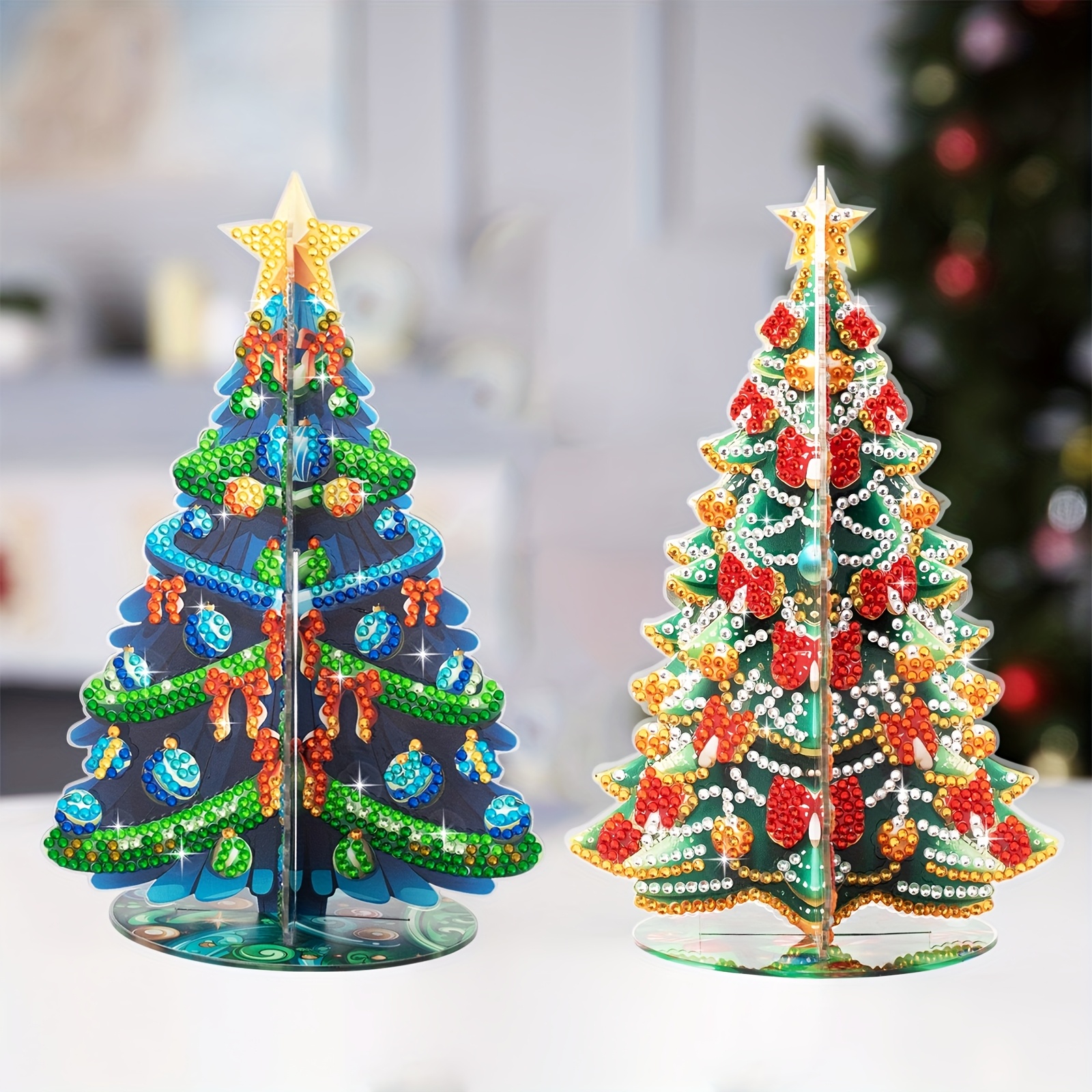TEMU 2pcs Diamond Painting Christmas Tree Kits - Diy Handmade 3d Jigsaw Craft With Round Diamonds, Vibrant Colors & , Festive Holiday Decor For Desk,