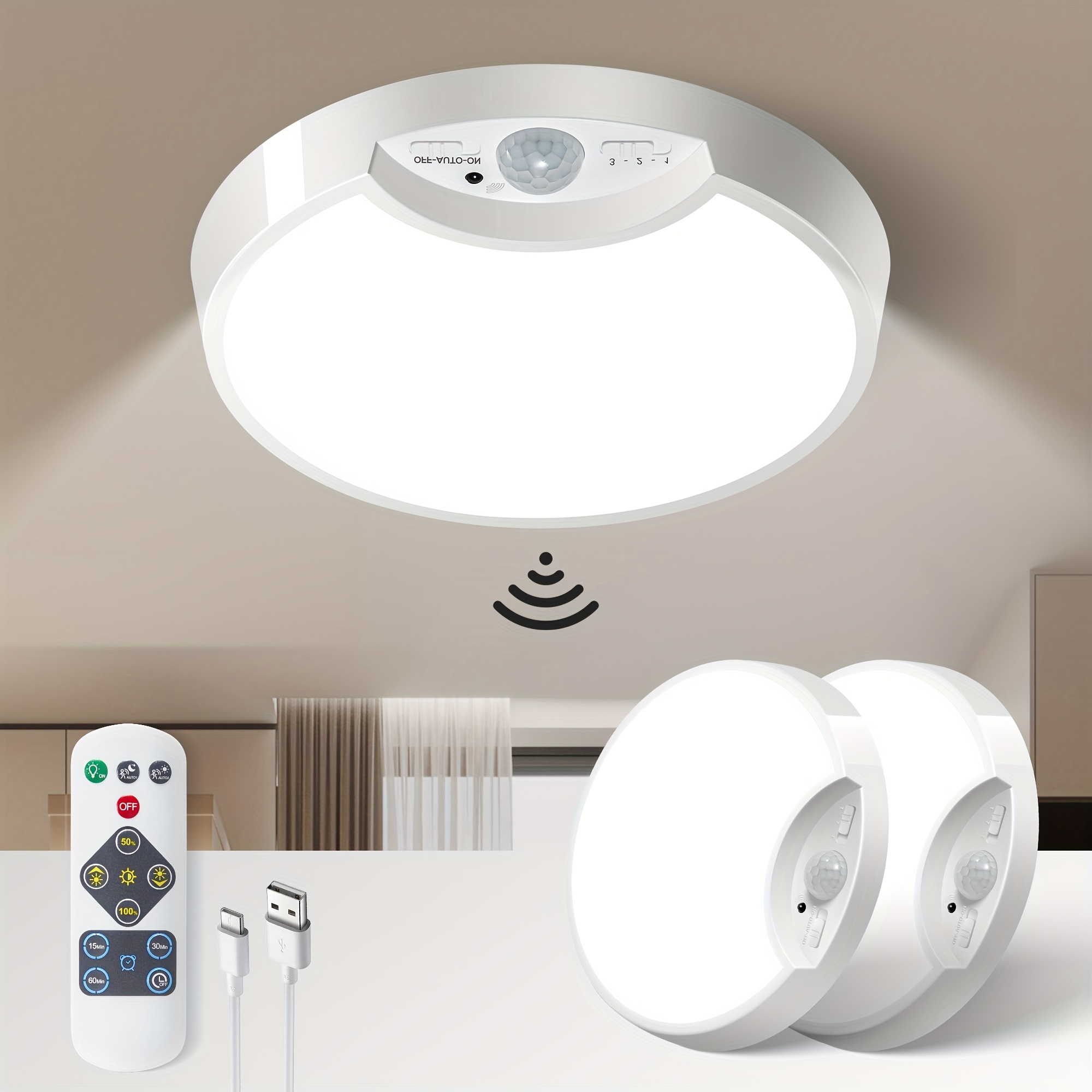 

Ceiling Light Battery Operated, Motion Sensor Led Lights For Kitchen, Bedroom, Bathroom, Hallway, Garage, Shower Rechargeable Powered Ceiling Lamp With Remote Wireless 7.5/400lm/6500k