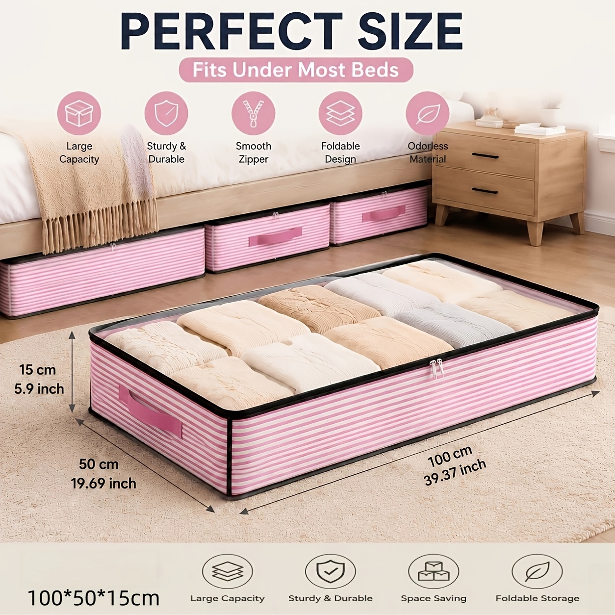 TEMU 1pc Boîte de rangement et de stockage sous le lit à rayures roses, Boîte de rangement pliable sous le lit, avec une fonctionnalité et de