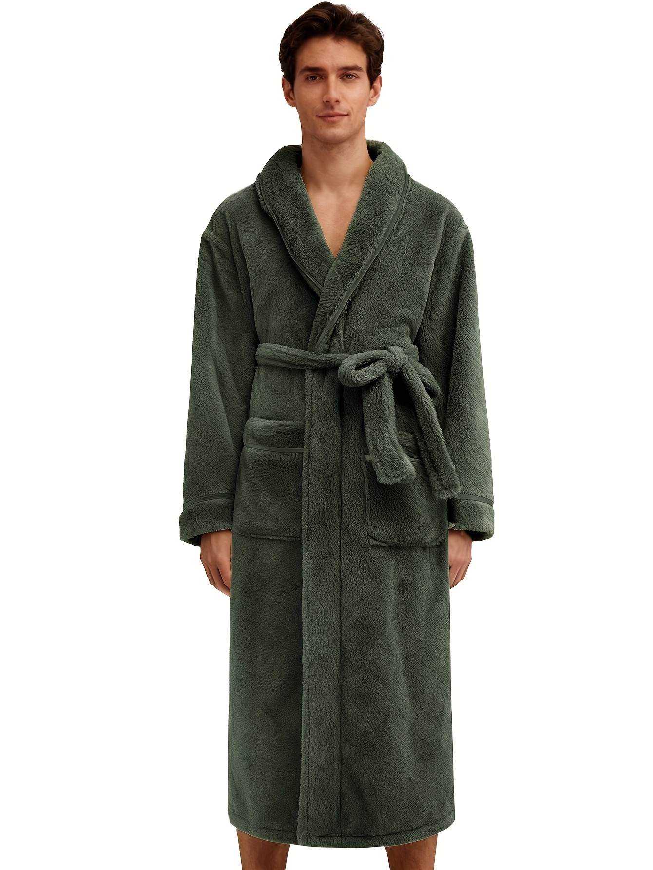 Men'S Thickened Winter Robe - Long Sleeve V-Neck Bathrobe with Belted Waist & Large Pockets, Heavyweight Flannel-like Texture, Elegant GreenRed/