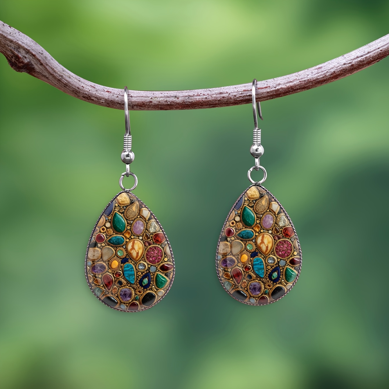TEMU 1 di ganci per orecchini a con vetro in acciaio inossidabile 316 e pietre preziose intarsiate con pietra frantumata multicolore a motivo stile
