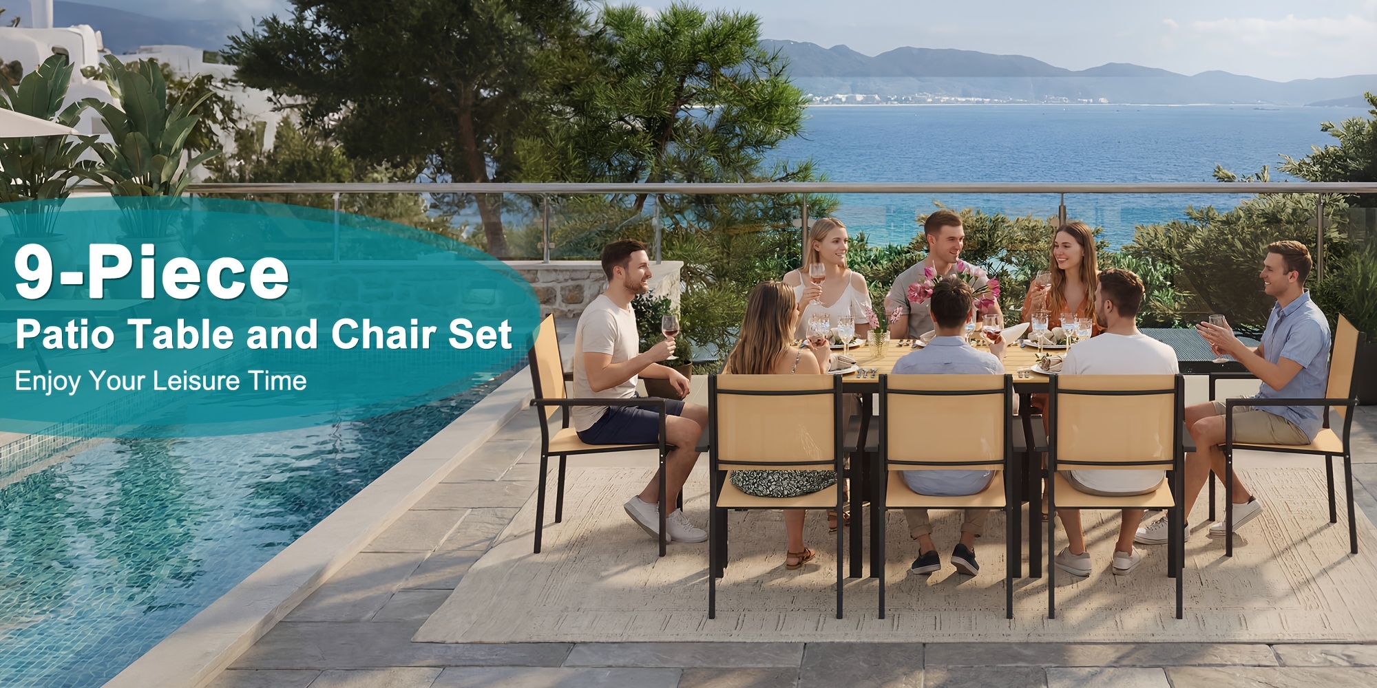9pcs Patio Table And Chairs Set, Outdoor Furniture with Large Table And 8 Chairs, Dining Table Set for Backyard, Courtyard, Poolside, Brown