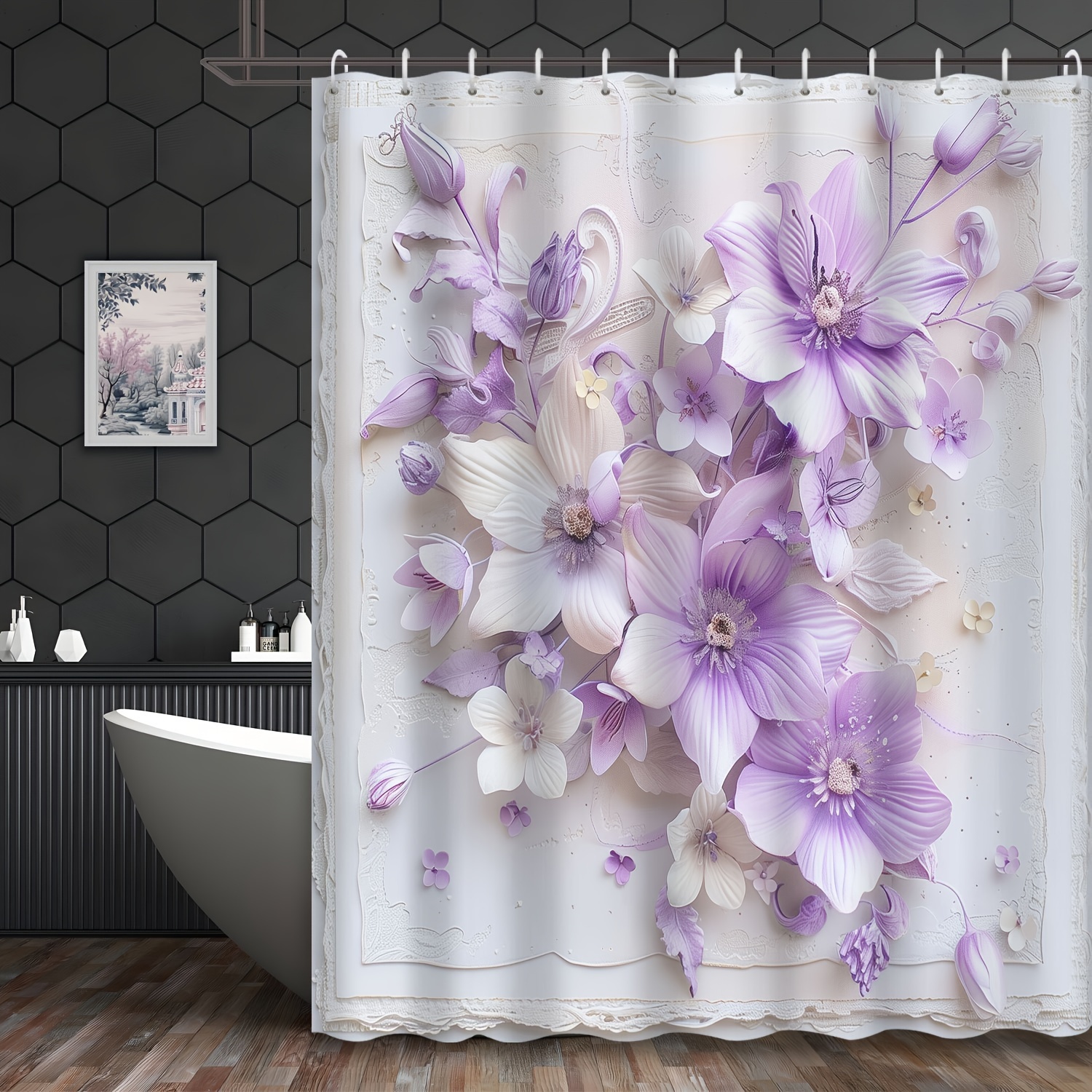 

Water-resistant Floral Shower Curtain With 3d Embossed Purple Flowers Design, Romantic Wedding Party Bathroom Decor, Polyester Fabric With Grommet Top, Includes 12 Hooks - Machine Washable