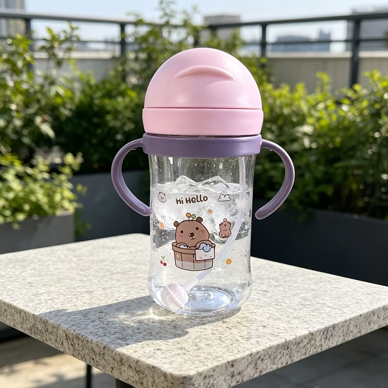 Image of 350ml Cute Pattern Straw Tumbler With Dual Handles, Easy To Grip, Soft Silicone Straw With For Convenient Drinking, Lid, Dust-proof And Stain-resistant