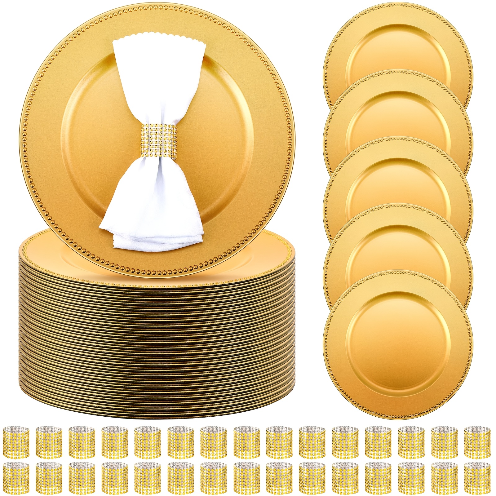 TEMU 50-set Charger Plates Bulk With Napkin Rings Set Includes 50pcs Plastic Beaded Plate 50pcs Napkin Rings 13'' Round Dinner Plate Charger Set For Table Setting Wedding Party (golden)