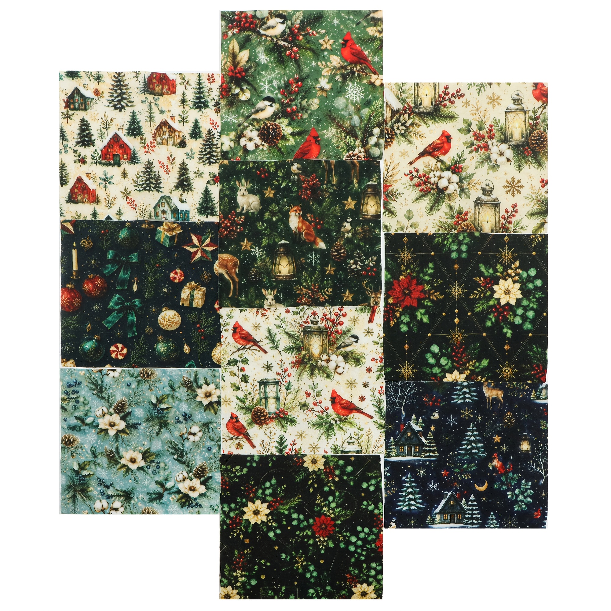TEMU 10pcs/Set Série Noël Nœud Papillon Fleur Lapin Cardinal Cerf Houx Pommes de pin Renard Tissu Fat Quarter, Assortiment de Tissu Carré Pré-Coupé,