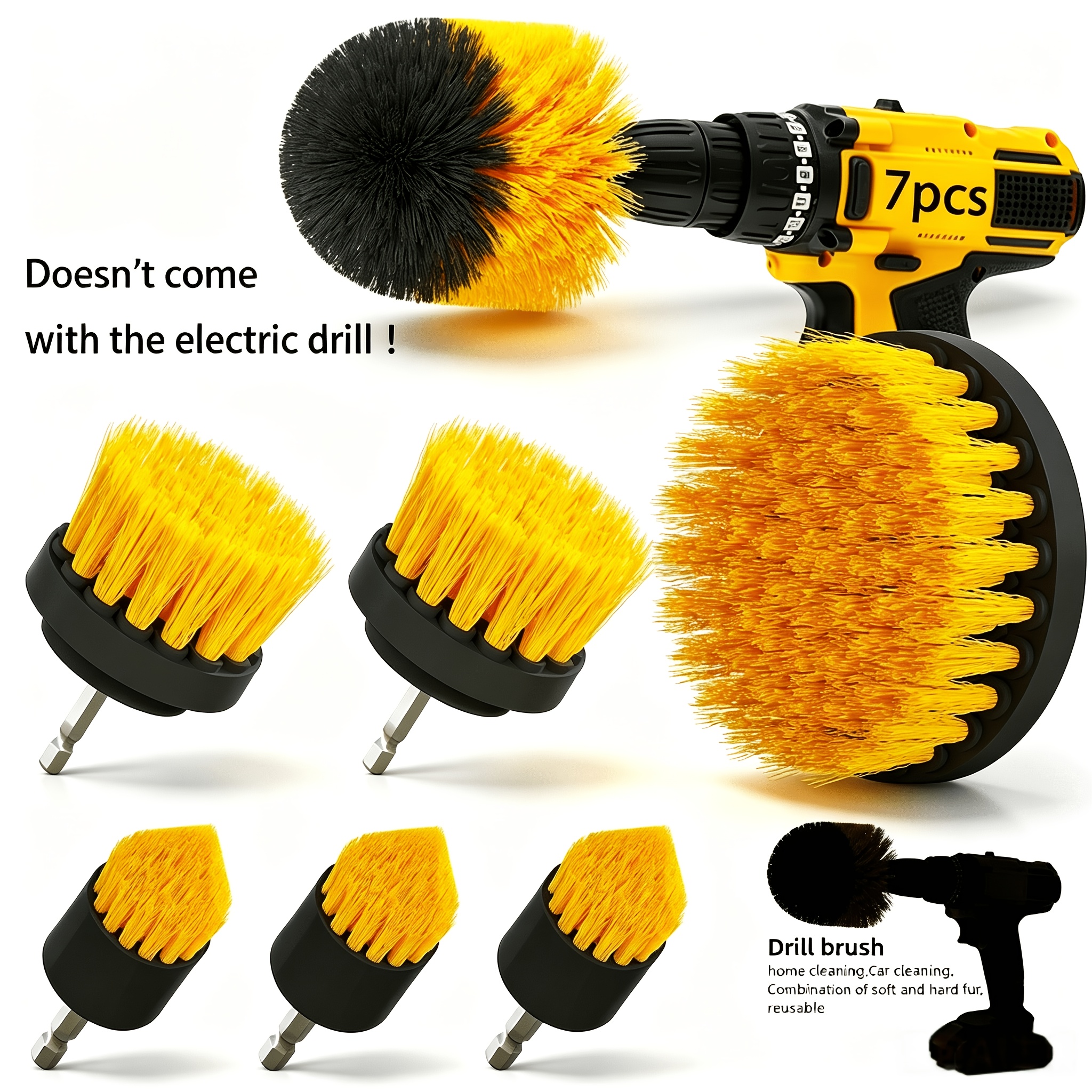 TEMU 7pcs - Soft Bristles Without Extension Rods, For Home Cleaning | 4pcs Brush Head Sizes, Bristles, Power Tool Attachment, Suitable For Tile,