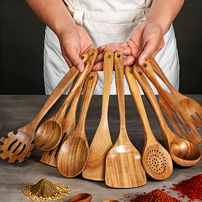 TEMU Wooden Cooking Spatula 10pcs Set With Ergonomic Handles, Safe Wooden Spoons For Cooking, Durable Wooden Utensil Set For Kitchen, Smooth Handmade