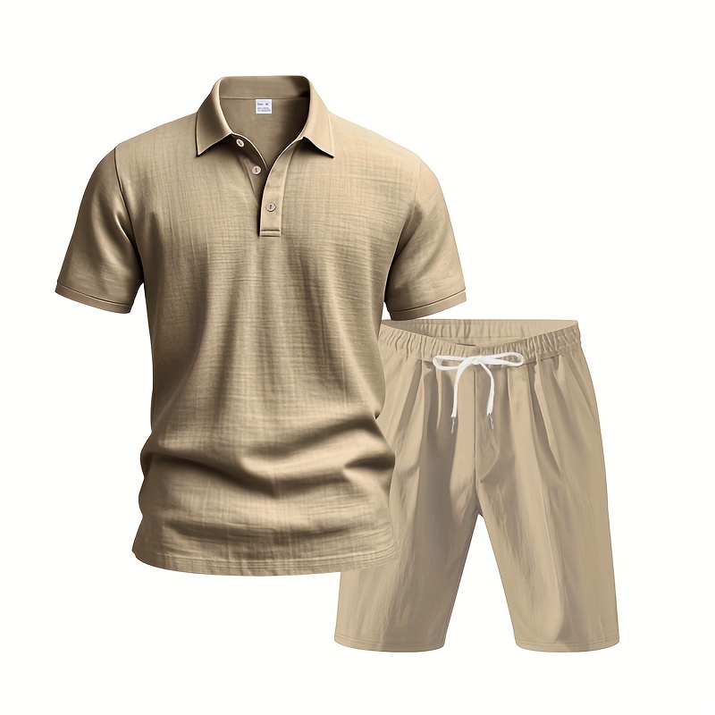 Men's Linen Short Sleeve Shorts Set, Summer Outdoor Sports Casual Breathable Short Sleeve Shirt with Shorts