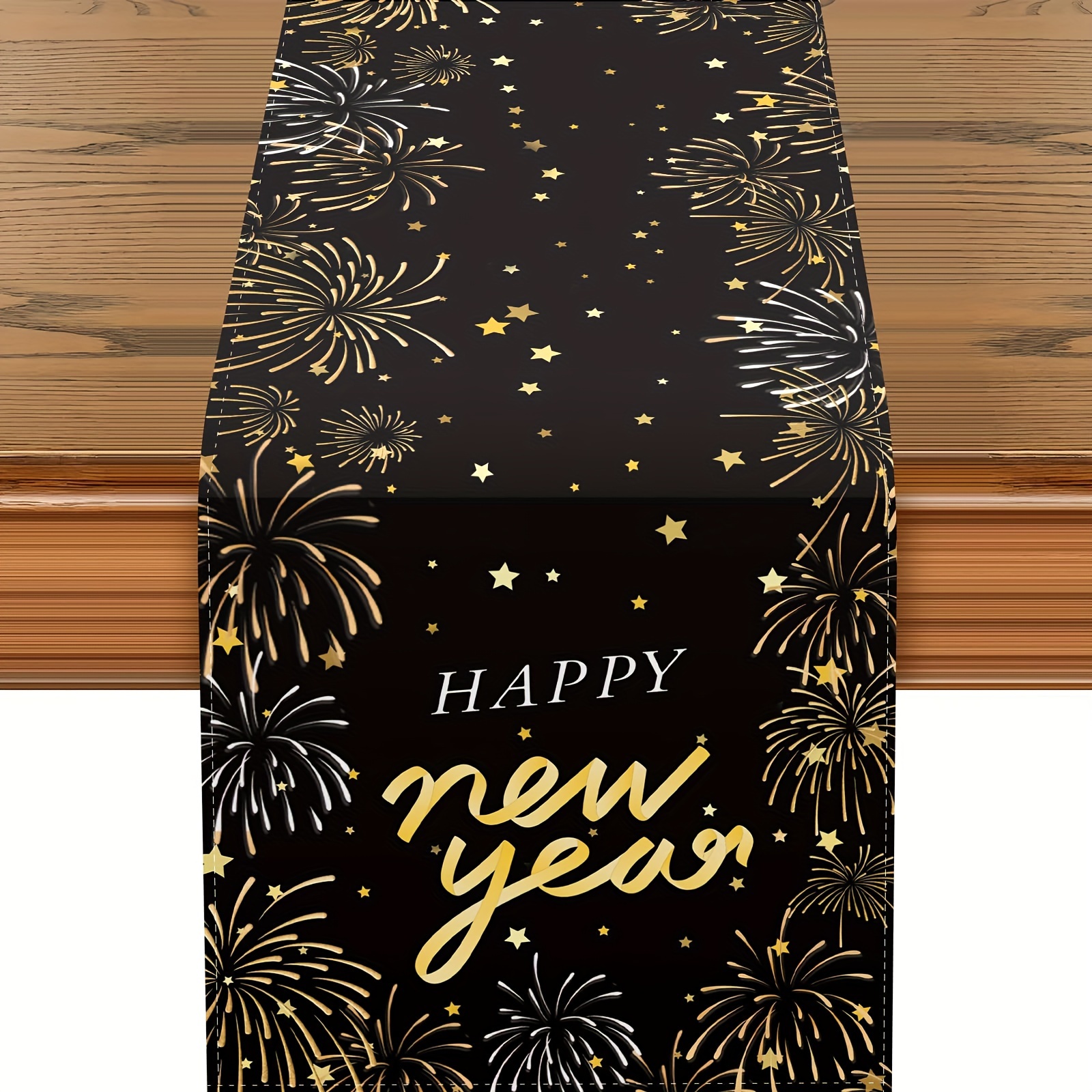 

New Year's Polyester Table Runner - Black With Stars And Fireworks Pattern, Machine Made Rectangular Table Decoration For Home And Outdoor, Kitchen And Dining Linen For Holiday Decor