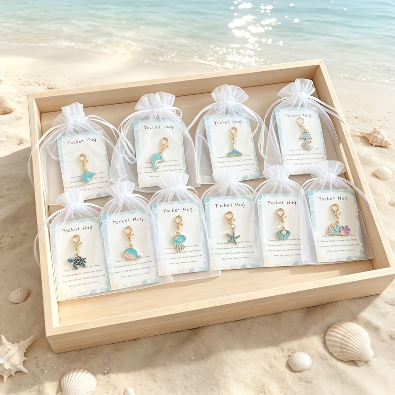 TEMU 10 Sets/ (10pcs Keychains And 10pcs Cards And 10pcs Gift Bags)pcs Strange Marine Animal Keychains, Including Starfish, Shark, Dolphin, Turtle,