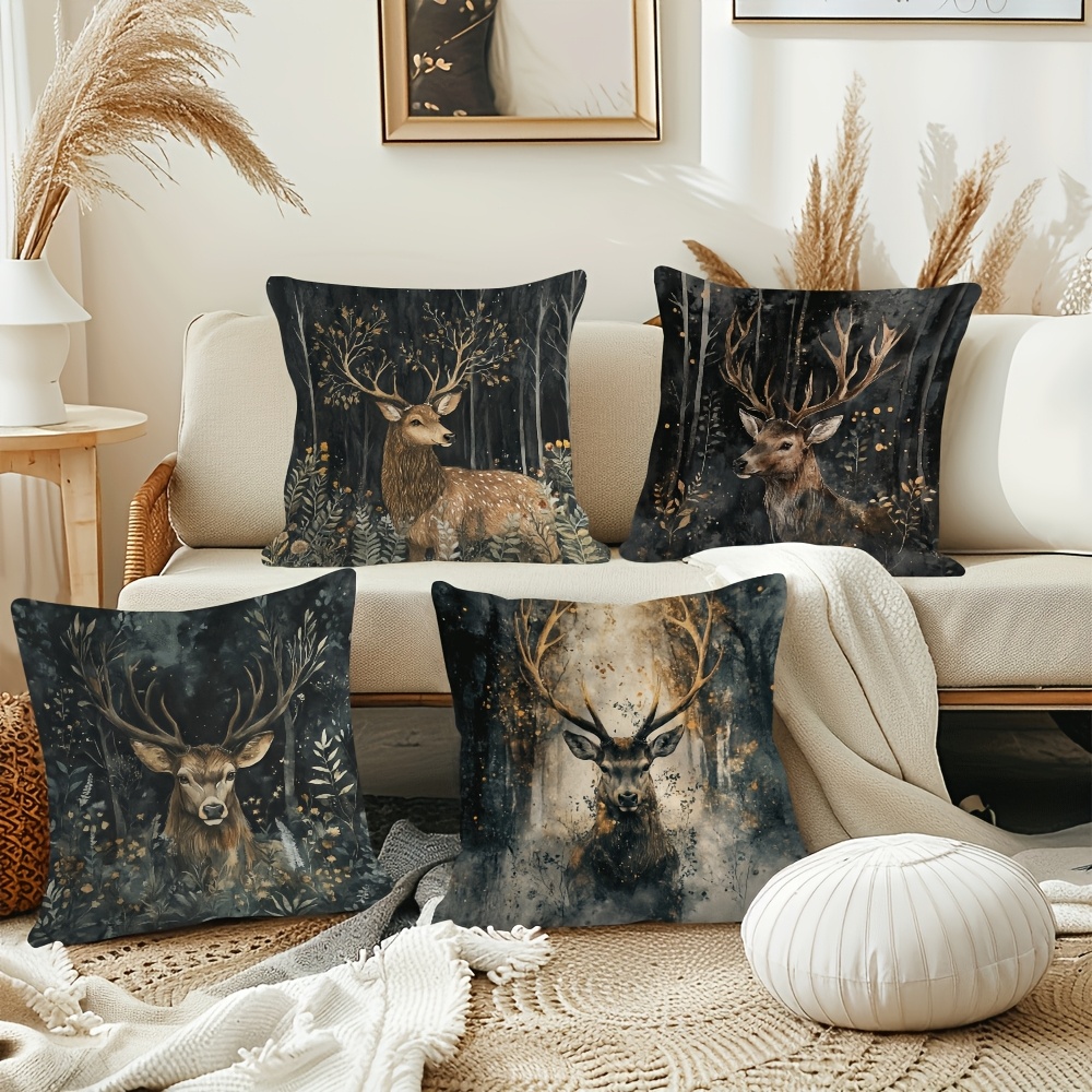 

4pcs Vintage Watercolor Stag Pillow Covers, 18x18 Inch Polyester Short Plush Cushion Cases With Zipper, Machine Washable Decorative Throw Pillowcases For Home And Office