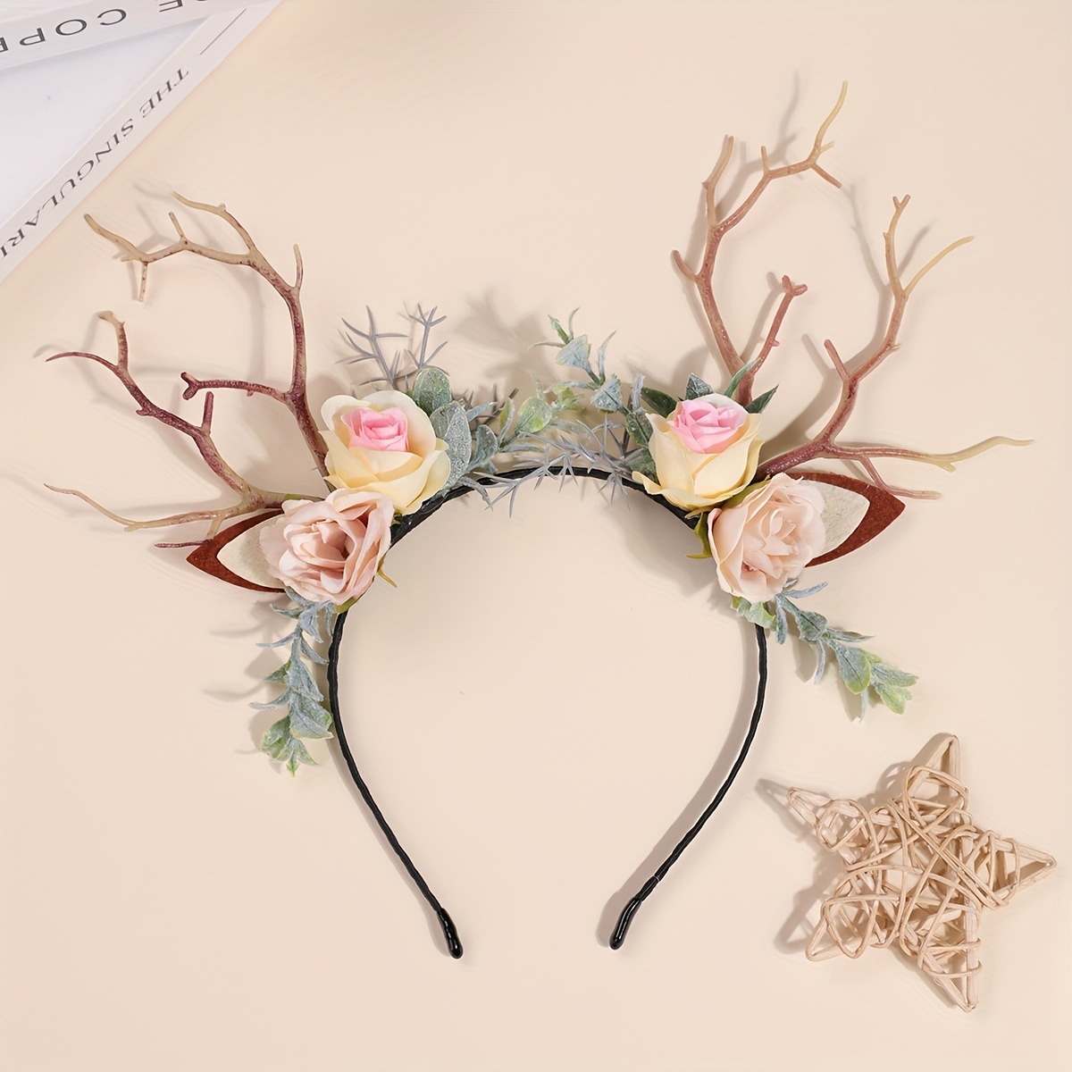 Image of 1 European And American Christmas Halloween Party Style Christmas Antler Lady Headband Elk Headdress Hair Additions Dress Up Branches Flower Headband