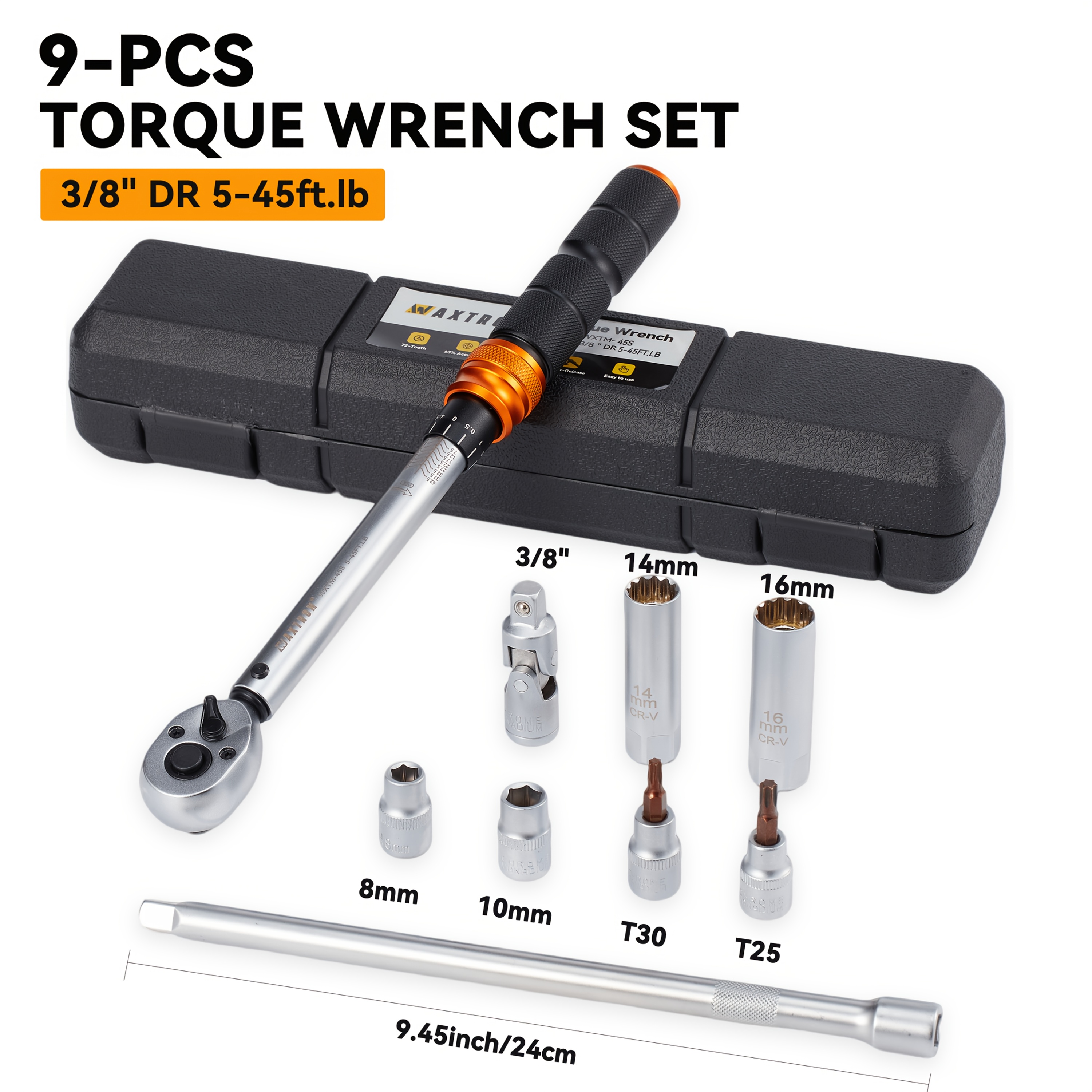 Torque Wrench 3/8" 5-45 Ft-lb Hand Spark Plug Universal Socket Screwdriver 9pcs Set