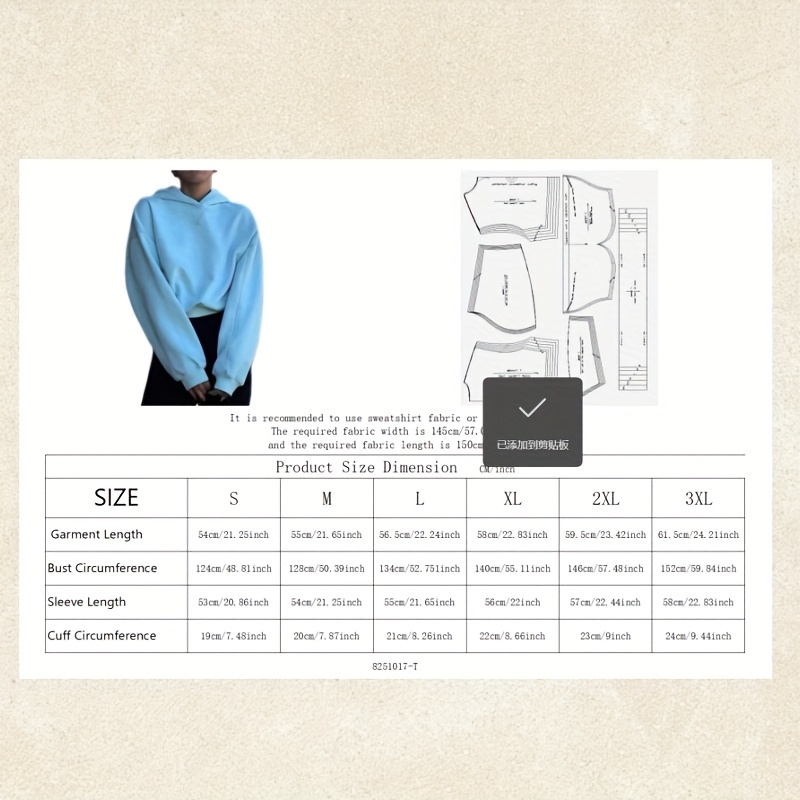TEMU Yx Clothing 1:1 Scale Sewing Pattern For A Short, Loose-fitting White Hoodie With A Hood, Ideal For Beginners To Clothing Designs And Handmade