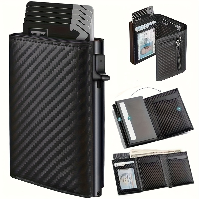 TEMU Stylish Pop-up Wallet Fiber And Aluminum Credit Card Holder, Carbon Fiber Microfiber Synthetic Leather Slot And Rfid Blocking Card Sleeve Coin