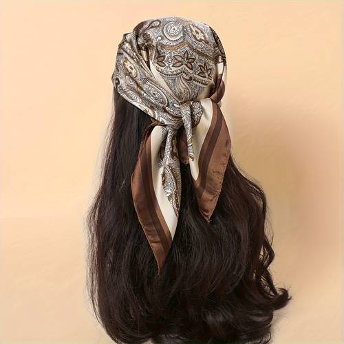 a stylish brown paisley square scarf that used in multiple ways such as a headscarf shawl or has a texture and is a fashionable item suitable for women in