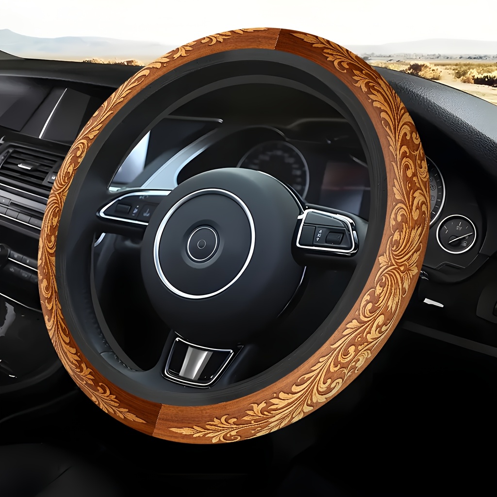 TEMU 1 Wood Carving Pattern Decorative Art Themed Car Steering Wheel Cover, Suitable For , Soft And Comfortable Grip, Easy To Remove With , Unique 2d