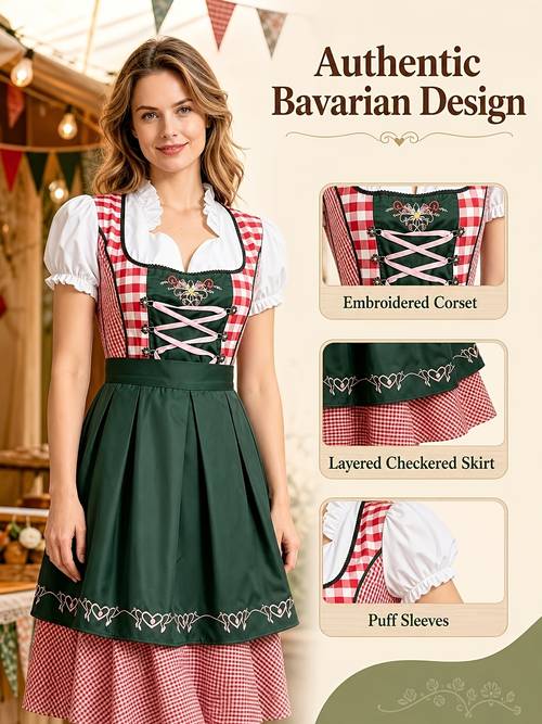 oktoberfest damklänning rutigt tyg knytskjorta outfit bayersk kostym national stil cosplay halloween flickklänning