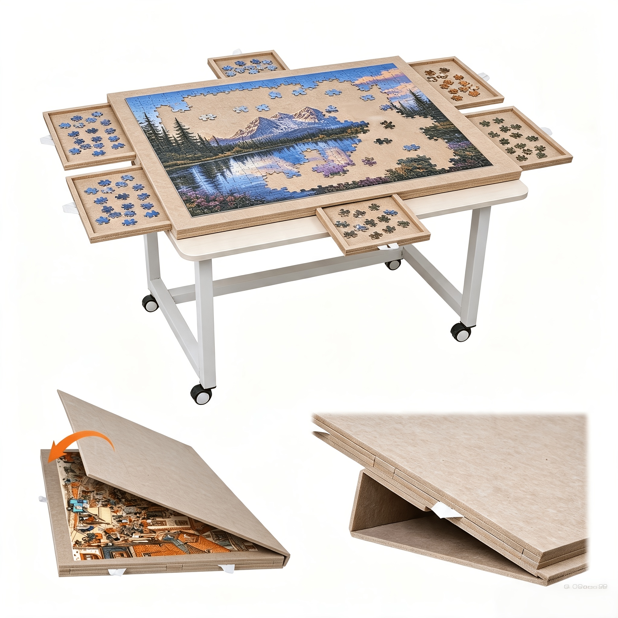 TEMU 1,000pcs Portable Tiltable Felt Jigsaw Puzzle Board With 6 Sorting Drawers - Table-suitable Suitable For Parties, &, No , Non-wood Board Game